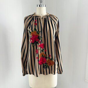 Akemi+Kin Anthropologie Sz S Embroidered Blouse Tan Black Stripes Long Sleeves
